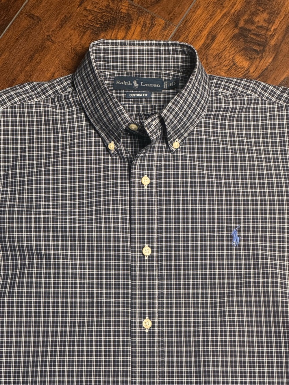 Polo Ralph Lauren Mens 16/L Custom Fit Navy‎ Plaid Button Down Shirt Blue Cotton